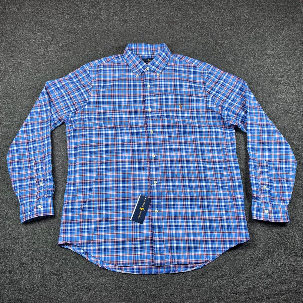 Polo Ralph Lauren Button Down Shirt Blue Plaid Mens XL Classic Flesh Pony New